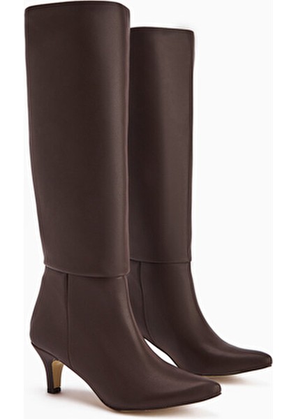 Milika Kahve Sivri Burunlu Kısa Topuklu Çekme Çizme
