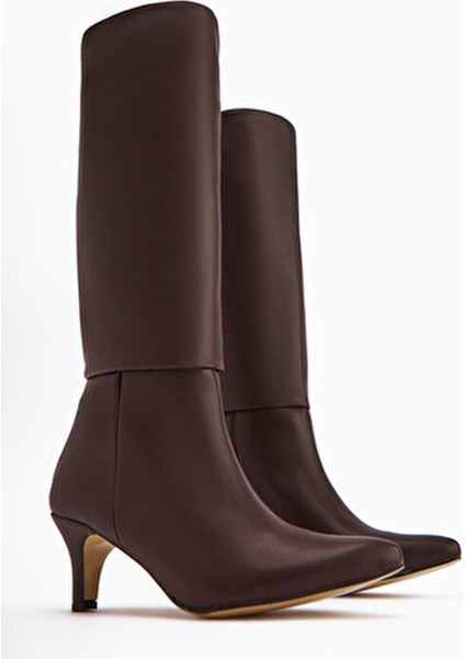 Milika Kahve Sivri Burunlu Kısa Topuklu Çekme Çizme