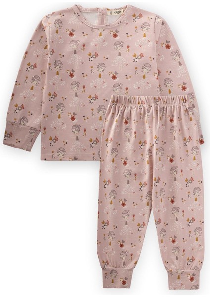 Desenli Pijama Takım 2-10 Yaş Pudra Pembe