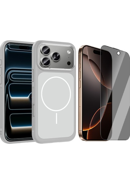 iPhone 17 Pro Max Kılıf M-Safe Şarj Özellikli Metal Kamera Çerçeveli Zore Sanremo Silikon Kapak + Hayalet Ekran Koruyucu