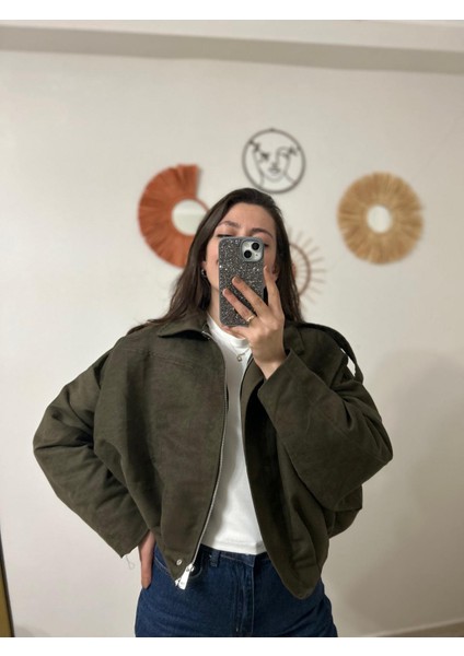 Haki Yeşil Süet Bomber Ceket