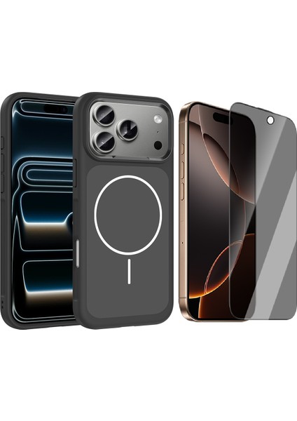 iPhone 17 Pro Max Kılıf M-Safe Şarj Özellikli Metal Kamera Çerçeveli Zore Sanremo Silikon Kapak + Hayalet Ekran Koruyucu