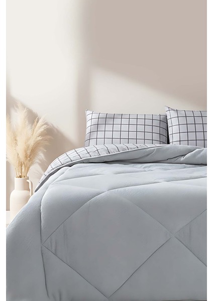 Gri Kareli Loura Tek Kişilik Çift Taraflı Lüx Wellsoft Yorgan Seti 155x215 cm