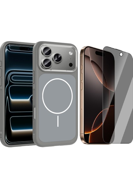 iPhone 17 Pro Max Kılıf M-Safe Şarj Özellikli Metal Kamera Çerçeveli Zore Sanremo Silikon Kapak + Hayalet Ekran Koruyucu