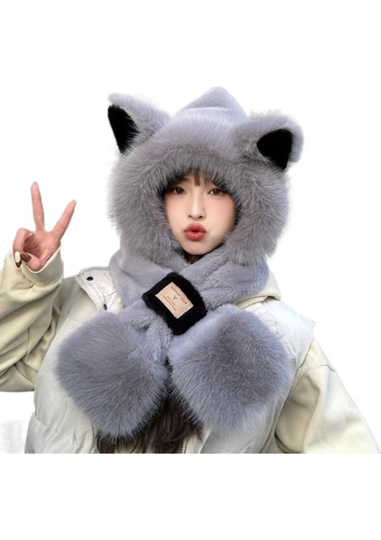 Sevimli Peluş Tilki Kulaklı Şapka Atkı Kadın Sonbahar ve Kış Boyun Bisiklet Sıcak Iki Parçalı Setin Kapüşonlu Atkı ile Kore Versiyonu (Yurt Dışından)