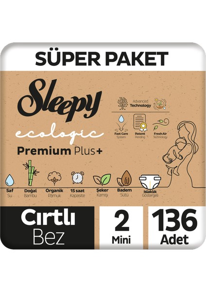 Ecologic Premium Plus Süper Paket Bebek Bezi 2 Numara Mini 136 Adet
