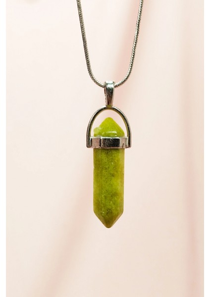 Moldavit Doğal Taşı Zincirli El Yapımı Tasarımlı Kolye Uç: 3,5 cm Zincir: 20 cm Kutulu