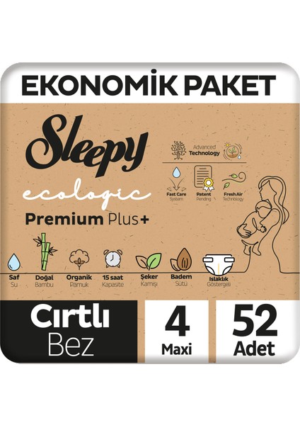 Ecologic Premium Plus Ekonomik Paket Bebek Bezi 4 Numara Maxi 52 Adet