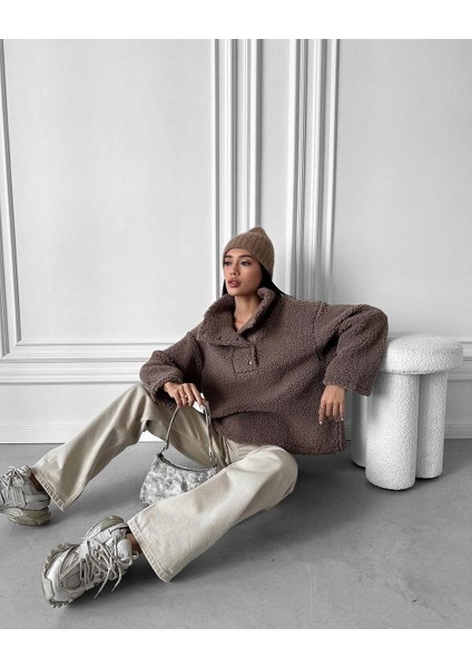 Kuzu Yünü Tembel Atkı Yaka Düz Renk Sweatshirt (Yurt Dışından) modelleri