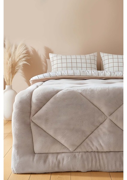 Bej Kareli Çift Kişilik Çift Taraflı Lüx Wellsoft Yorgan Seti 195x215 cm