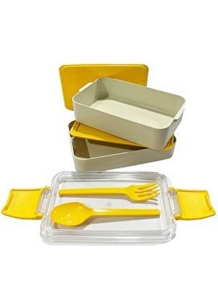 İki Katlı Beslenme Kabı Pratik Kullanım İçin Sarı Renkli 2 Kapasiteli