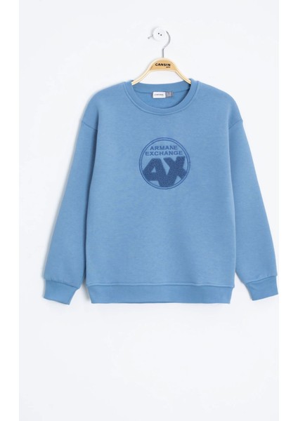 Mavi Yazı Nakışlı Bisiklet Yaka Erkek Çocuk Şardonlu Sweatshirt 23246