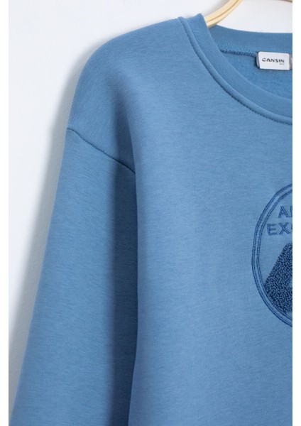 Mavi Yazı Nakışlı Bisiklet Yaka Erkek Çocuk Şardonlu Sweatshirt 23246 modelleri