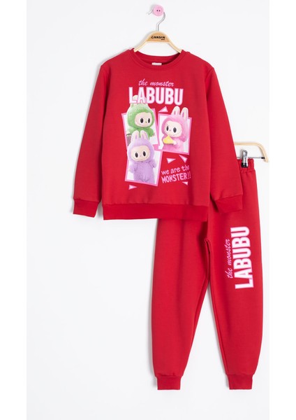 Kırmızı Karakter Baskılı Bisiklet Yaka Kız Eşofman Takımı 23276