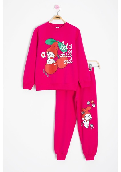 Koyu Pembe Kız Çocuk Kiraz Karakter Baskılı Bisiklet Yaka Eşofman Takımı 23274