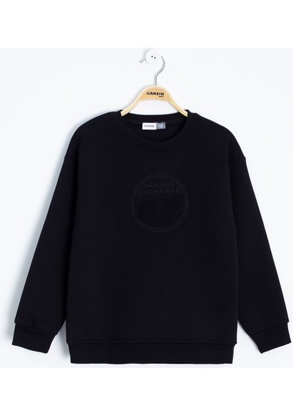 Siyah Yazı Nakışlı Bisiklet Yaka Erkek Çocuk Şardonlu Sweatshirt 23245