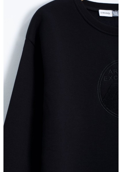 Siyah Yazı Nakışlı Bisiklet Yaka Erkek Çocuk Şardonlu Sweatshirt 23245 fiyatları