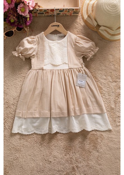 Bej Kız Çocuk Dantel Detaylı Kolu Fırfırlı Elbise 22684