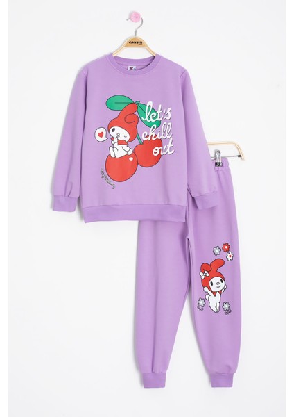Lila Kız Çocuk Kiraz Karakter Baskılı Bisiklet Yaka Eşofman Takımı 23271