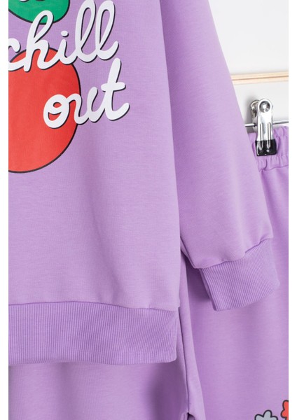 Lila Kız Çocuk Kiraz Karakter Baskılı Bisiklet Yaka Eşofman Takımı 23271 modelleri