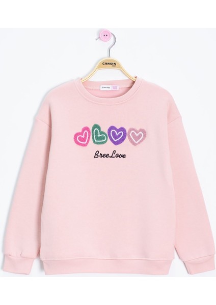 Pembe Kalp Nakışlı Bisiklet Yaka Kız Çocuk Şardonlu Sweatshirt 23251
