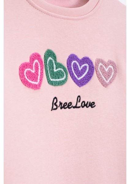 Pembe Kalp Nakışlı Bisiklet Yaka Kız Çocuk Şardonlu Sweatshirt 23251 modelleri