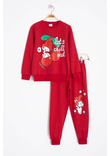 Kırmızı Kız Çocuk Kiraz Karakter Baskılı Bisiklet Yaka Eşofman Takımı 23270