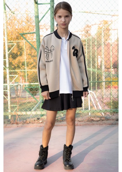 Bej Beautifull Yazılı Kolu Şeritli Kız Çocuk Kolej Hırka 21195