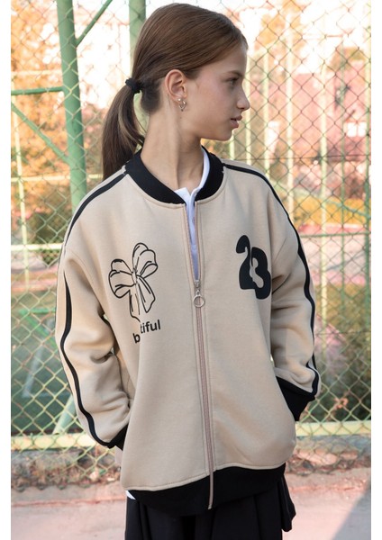 Bej Beautifull Yazılı Kolu Şeritli Kız Çocuk Kolej Hırka 21195 fiyatları