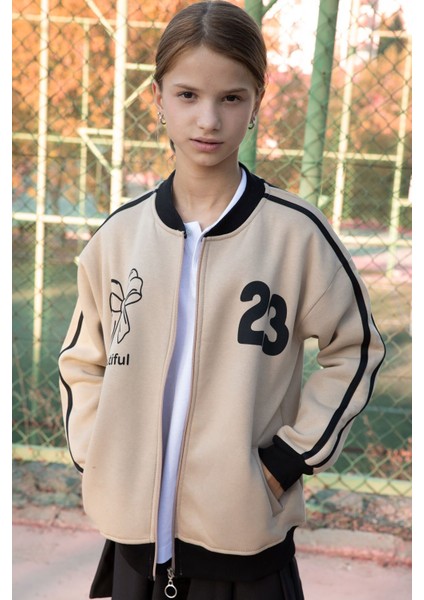 Bej Beautifull Yazılı Kolu Şeritli Kız Çocuk Kolej Hırka 21195 modelleri