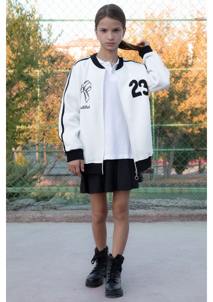 Ekru Beautifull Yazılı Kolu Şeritli Kız Çocuk Kolej Hırka 21192