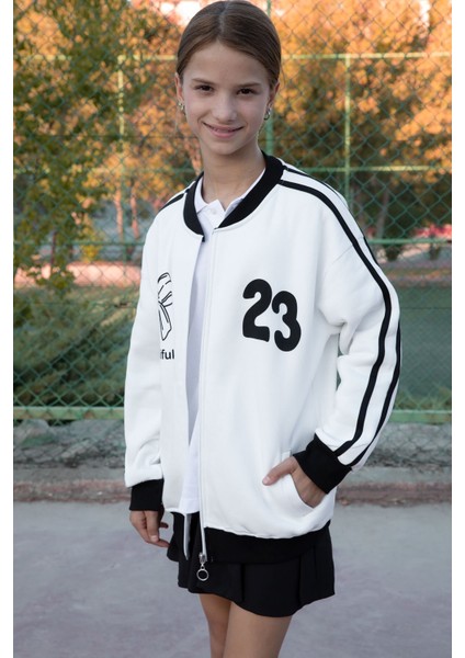 Ekru Beautifull Yazılı Kolu Şeritli Kız Çocuk Kolej Hırka 21192 modelleri