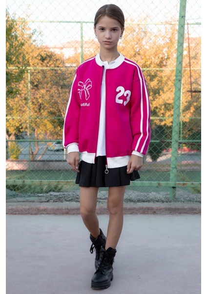 Fuşya Beautifull Yazılı Kolu Şeritli Kız Çocuk Kolej Hırka 21194