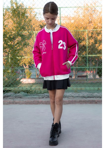 Fuşya Beautifull Yazılı Kolu Şeritli Kız Çocuk Kolej Hırka 21194 fiyatları