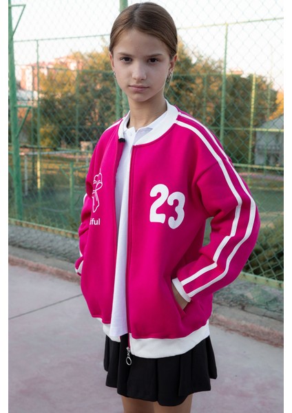 Fuşya Beautifull Yazılı Kolu Şeritli Kız Çocuk Kolej Hırka 21194 modelleri