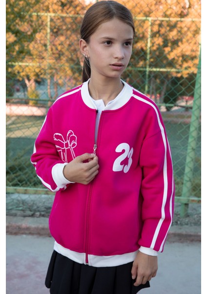 Fuşya Beautifull Yazılı Kolu Şeritli Kız Çocuk Kolej Hırka 21194 indirimleri