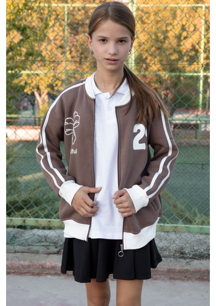 Kahverengi Beautifull Yazılı Kolu Şeritli Kız Çocuk Kolej Hırka 21193