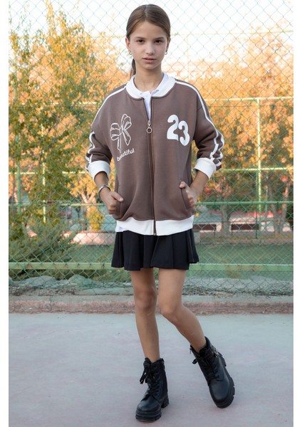 Kahverengi Beautifull Yazılı Kolu Şeritli Kız Çocuk Kolej Hırka 21193 modelleri