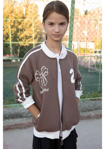 Kahverengi Beautifull Yazılı Kolu Şeritli Kız Çocuk Kolej Hırka 21193 fırsatları