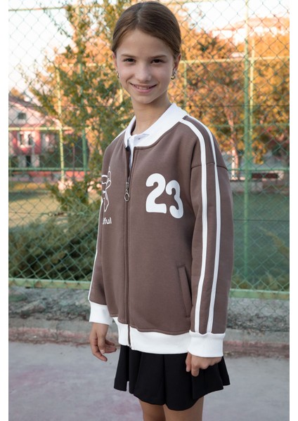 Kahverengi Beautifull Yazılı Kolu Şeritli Kız Çocuk Kolej Hırka 21193 indirimleri