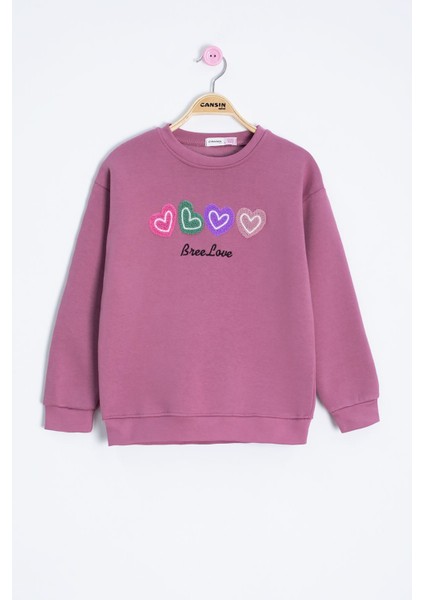 Gül Kurusu Kalp Nakışlı Bisiklet Yaka Kız Çocuk Şardonlu Sweatshirt 23254