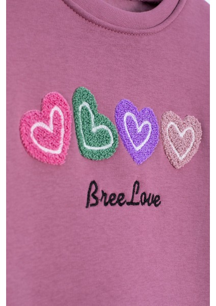 Gül Kurusu Kalp Nakışlı Bisiklet Yaka Kız Çocuk Şardonlu Sweatshirt 23254 fiyatları