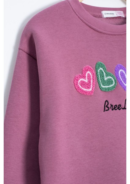 Gül Kurusu Kalp Nakışlı Bisiklet Yaka Kız Çocuk Şardonlu Sweatshirt 23254 modelleri