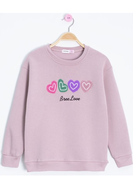 Somon Kalp Nakışlı Bisiklet Yaka Kız Çocuk Şardonlu Sweatshirt 23253