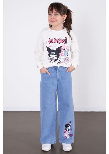 Ekru Simli Baskılı Badili Jean Pantolonlu Kız Çocuk 2li Takım 22758 fırsatları