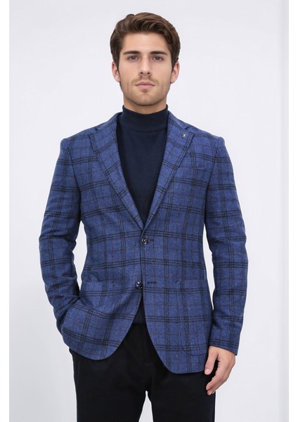 Slim Fit Mono Yaka Lacivert Kareli Astarsız Tek Ceket