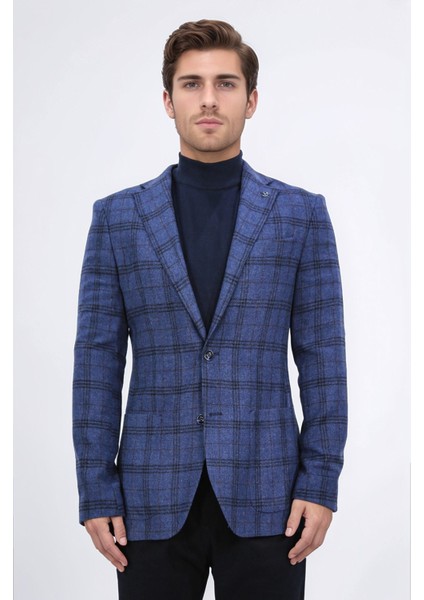 Slim Fit Mono Yaka Lacivert Kareli Astarsız Tek Ceket fiyatları