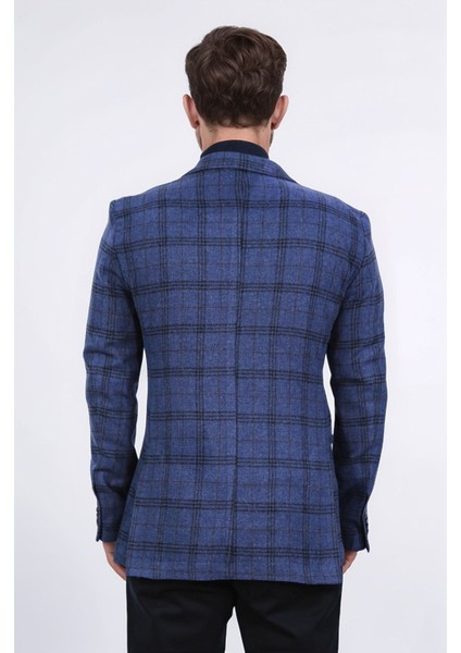 Slim Fit Mono Yaka Lacivert Kareli Astarsız Tek Ceket fırsatları