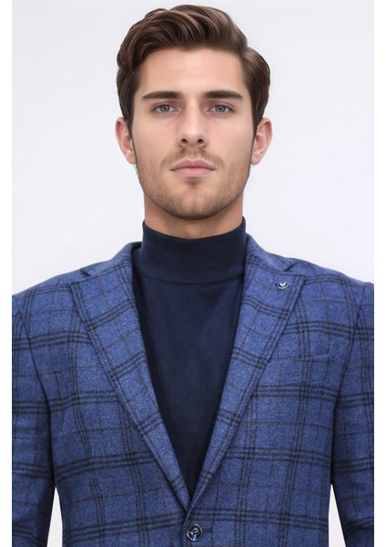 Slim Fit Mono Yaka Lacivert Kareli Astarsız Tek Ceket