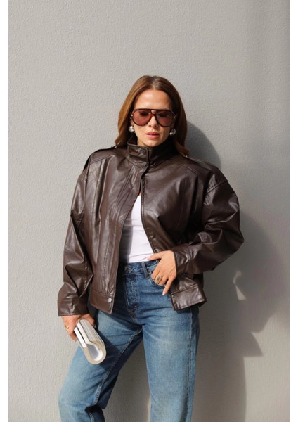 Acı Kahverengi Dik Yaka Suni Deri Ceket